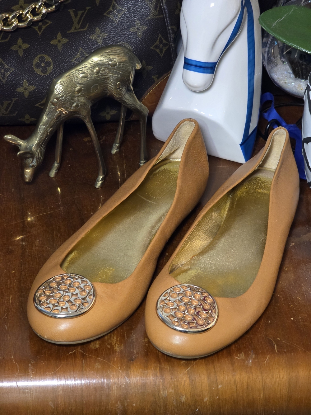 Coach Camel Leather Ballet Flats with Logo Medallion